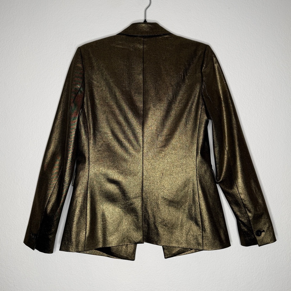 AllSaints Blazer Metallic Gold Single Button Faux Pocket Lined Jacket Size 4 - Picture 3 of 7